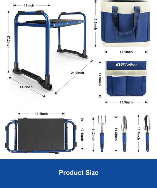 KVR Garden Kneeler and Seat Set 2025 Upgraded - Heavy Duty Foldable Bench Chair with 3 Tools & 2 Tool Pouch + Multi-Purpose Bag, Gardening Stool Gifts for Seniors, Women, Mom