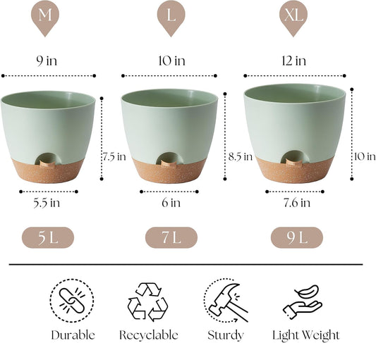 Plant Pots 12/10/9 inch Set of 3, Self Watering Flower Pots Indoor Outdoor, Planters with Drainage Hole Saucer Reservoir, Green