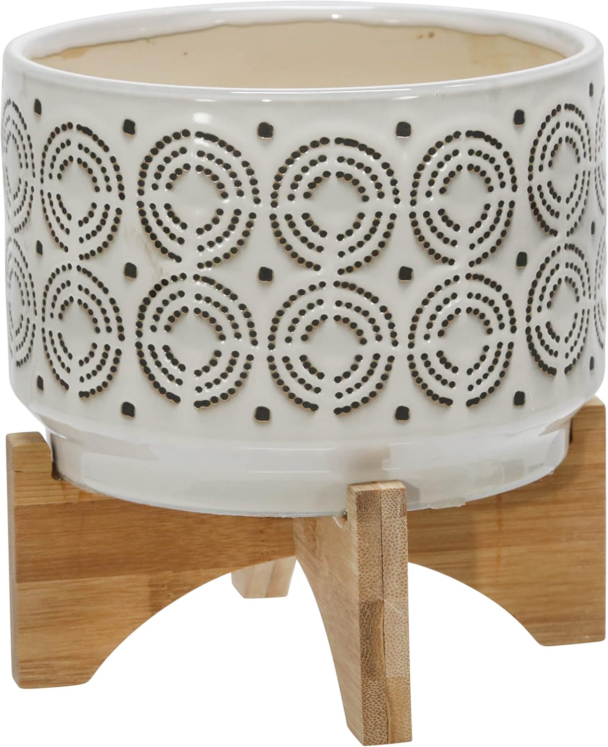 Sagebrook Home Ivory Ceramic Planter with Wooden Stand - Decorative Indoor/Outdoor Plant Pot - Modern Boho Home & Garden Decor - Stylish Round Flower Pot for Succulents & Herbs - 8", Ivory & Tan