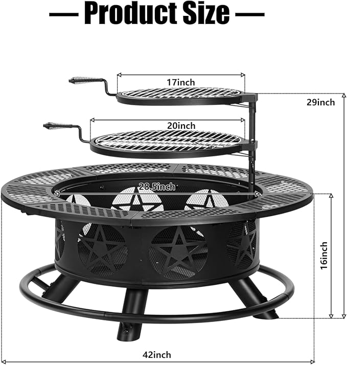 42 Inch Fire Pit with 2 Grills, Extra Large Wood Burning Fire Pits for Outside with Lid & Poker, Heavy Duty Firepit,BBQ& Outdoor Fire Pit & Round Metal Table 3 in 1 for Patio, Picnic, Party