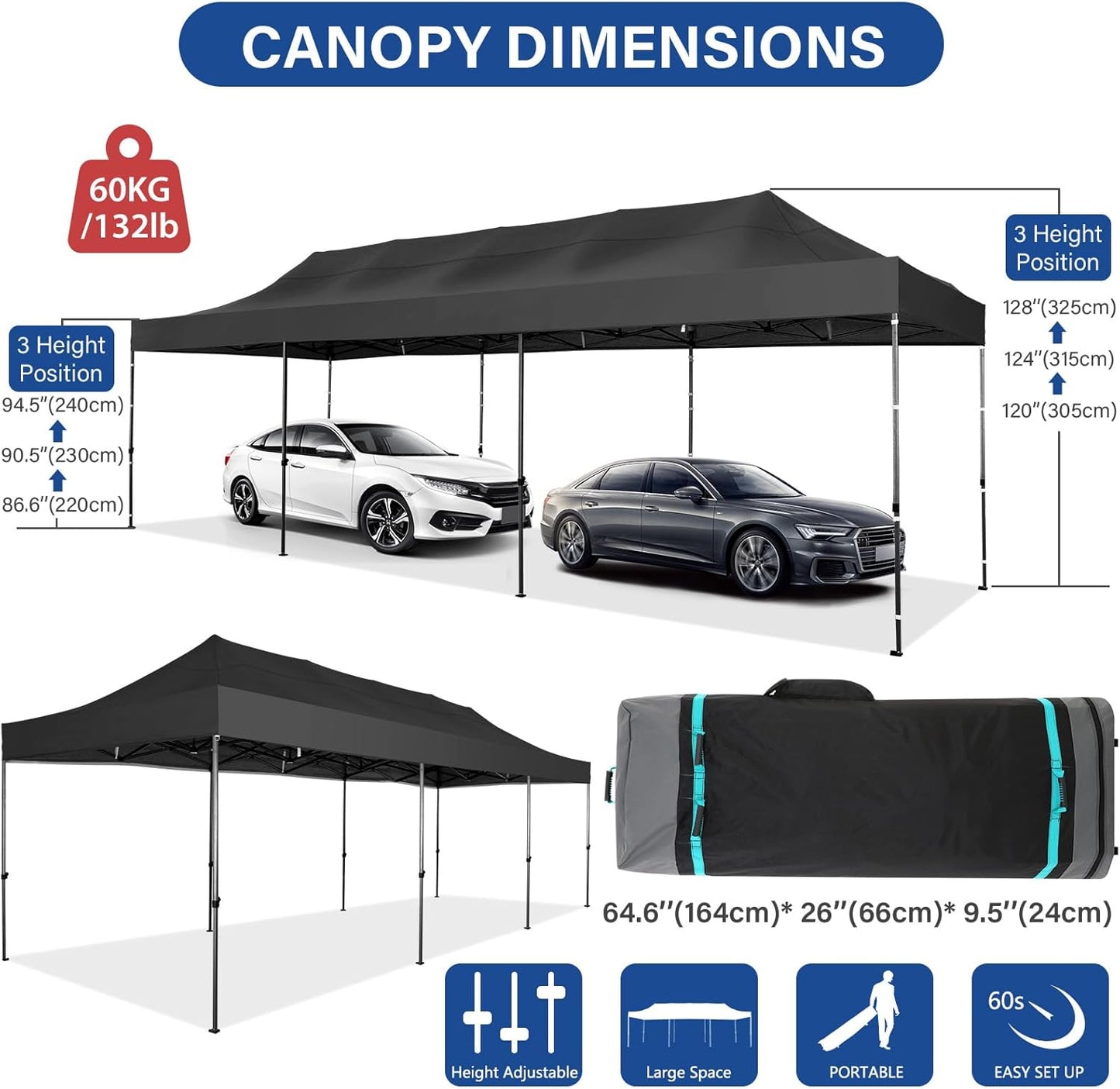 COBIZI 10x30 Pop up Canopy Heavy Duty Without Sidewalls, Easy Set-up Commercial Outdoor Party, 100% Waterproof Wedding Canopy Gazebo, 3 Height Adjustable with Wheeled Bag, Black