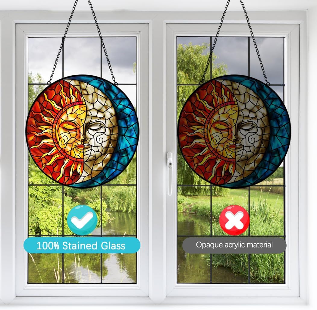 Halloween Decor Sun and Moon Suncatcher Stained Glass Window Hanging Handmade Colorful Suncatchers for Windows Hanging Celestial Sun Catchers Indoor Wall Decor Christmas Decorations for Home Garden