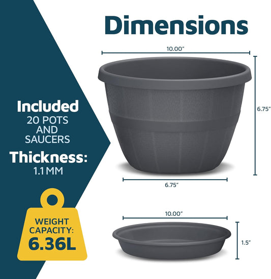 10-Inch Whiskey Barrel Planters Outdoor Pack of 20 - Durable Plastic Plant Pots for Indoor & Outdoor Use with Drainage & Saucer, Lightweight Rustic Barrel Planters for Flowers, Herbs & Small Plants