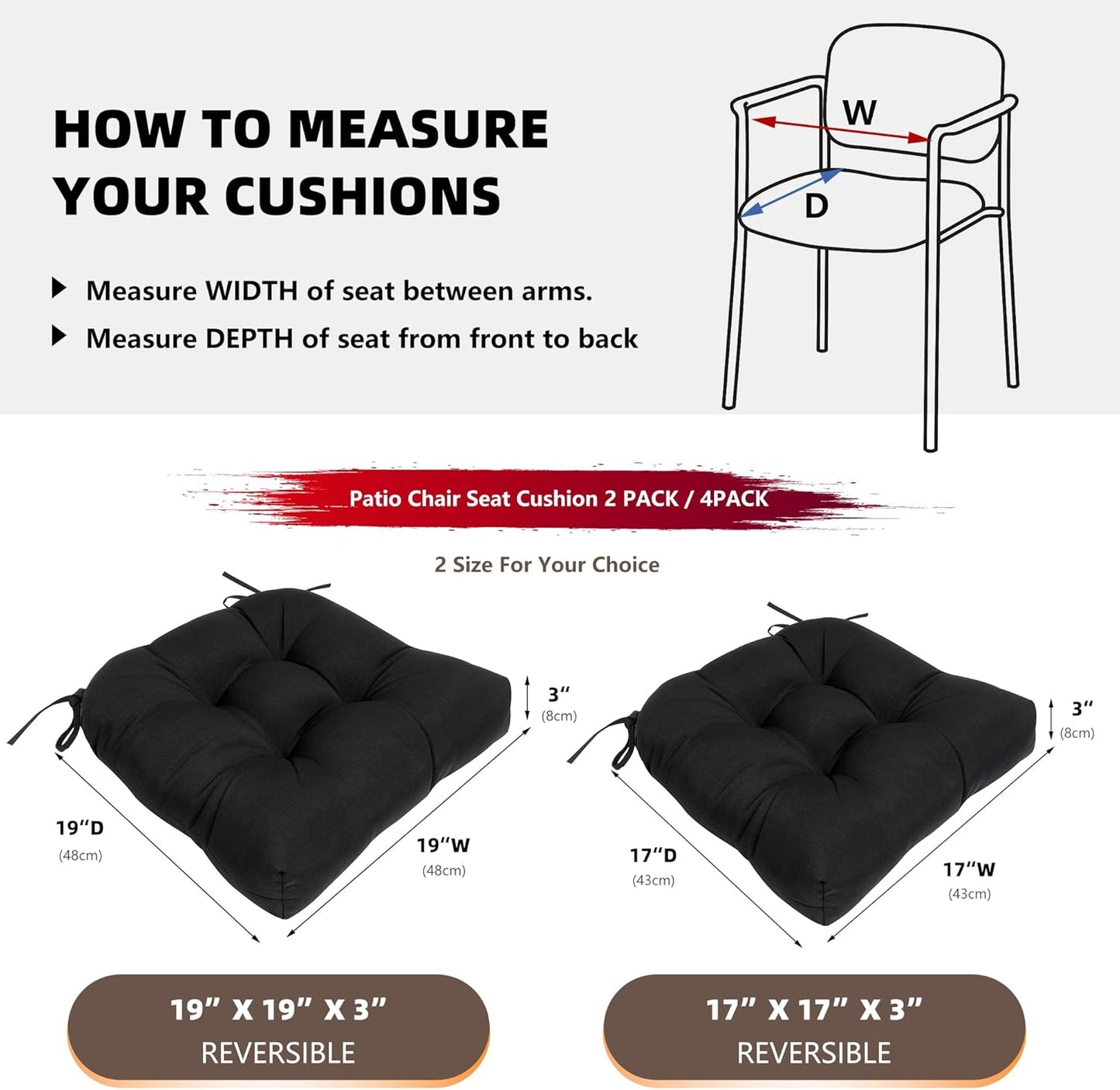 RACE LEAF Outdoor Cushions 19" x 19" Patio Chair Seat Pads, Set of 2 Thick Fill Tufted Square Patio Cushions, Water-Resistant Olefin Chair Seat Cushion with Ties for Non-Slip Support, Black