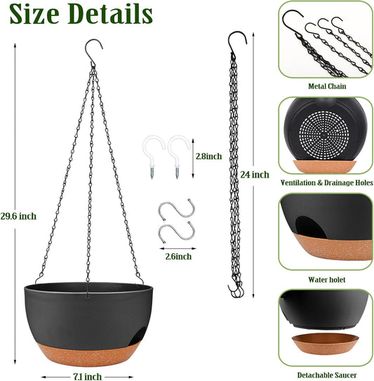 Hanging Planters for Outdoor Indoor Plants, 2 Pack 12 Inch Hanging Basket Plants Outdoor, Self Watering Hanging Planter with Plant Hanger for Garden Home Decoration (Black)