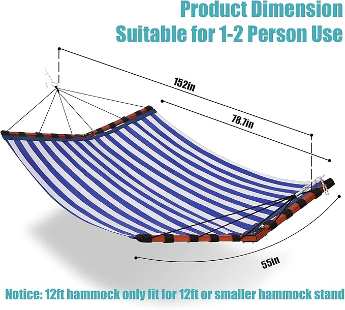 TegerDeger 12FT 2 Person Hammock Large Hammock Quick Dry 450LB Capacity with V Shaped Hardwood Spreader Bar & Nylon Rope for Outside, Patio, Garden, Backyard, Beach, Poolside - Blue Stripes