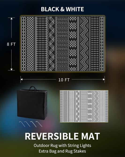 Outdoor Rug Carpet Waterproof 8x10 ft with LED Strip Lights-Patio Rug Mat Indoor Outdoor Rug for RV Camping Picnic Reversible Lightweight Plastic Straw Outside Rug for Patio Decor Decoration Boho Rug