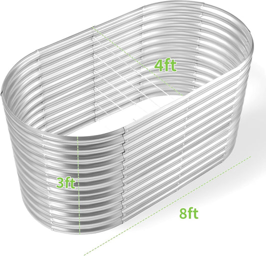Land Guard 8x4x3ft Oval Galvanized Raised Garden Beds, Large-Capacity Metal Planter Box Outdoor, Durable Deep Raised Garden Bed 3ft Tall, Raised Beds for Gardening Vegetables, Classic Silver