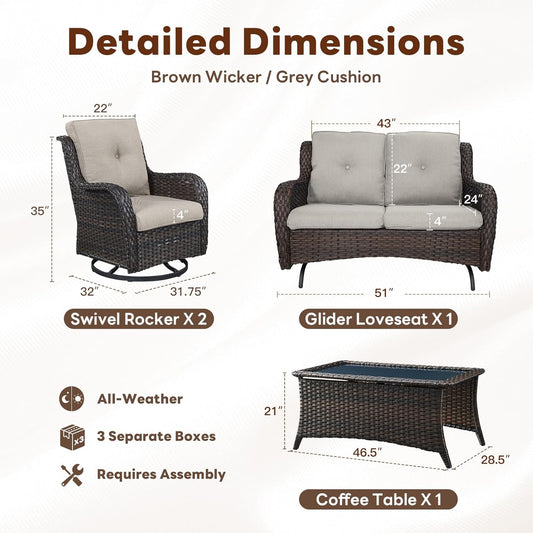 4 Piece Patio Furniture Set - Outdoor Glider Bench with Swivel Rocker Chairs and Coffee Table, High Back Small Outdoor Conversation Furniture Sets for Deck Sunroom Balcony Backyard