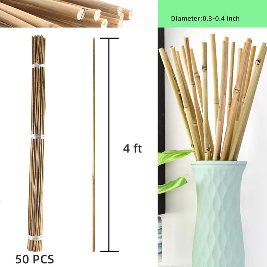 0.32”-0.4"/ 4 Feet Garden Stakes, Natural Bamboo Sticks Plant Stakes for Indoor and Outdoor Plants,Poles for Tomatoes, Beans, Potted Plants(50Pcs)