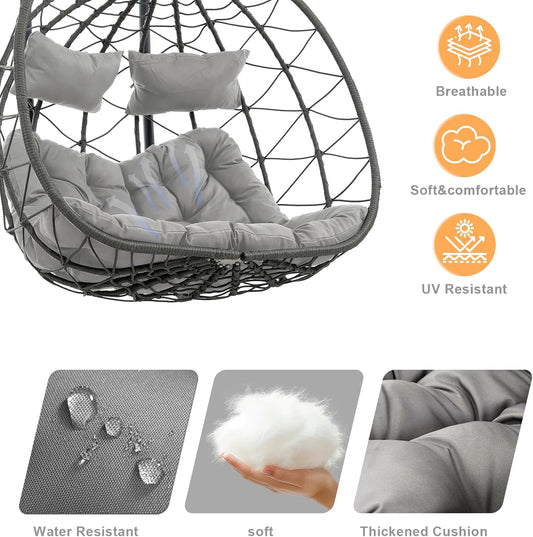 2 Person Double Egg Swing Chair with Stand Indoor Outdoor, Hammock Egg Chair Outdoor, Patio Wicker Hanging Egg Chair w/Cushion 700LBS Capacity for Bedroom, Balcony, Garden, Grey