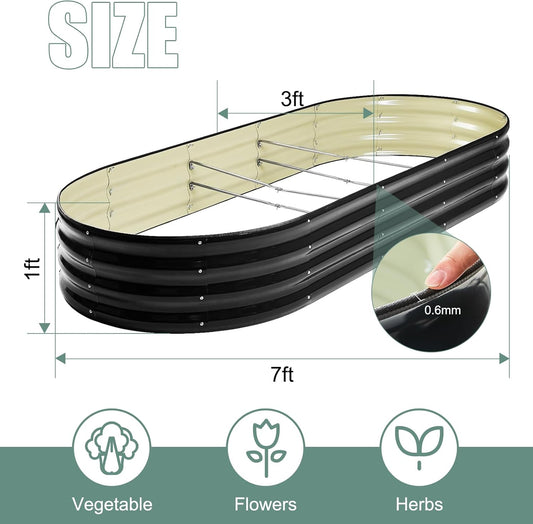 2Pcs 12" Tall Black Oval Galvanized Steel Raised Garden Bed - 7x3ft Modular Metal Planter Box for Outdoor Gardening, Durable Metal Raised Flower Beds Outdoor Large Planters for Porch & Yard