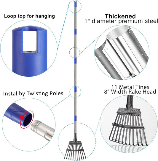 Small Graden Rake - 8 inch Width Metal Leaf Rake for Gardening, Yard, Flower Beds, Mulch, Shrub Long Handle, 6ft