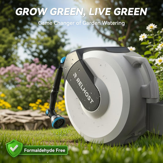 Retractable Garden Hose Reel 65 ft x 5/8 in, Heavy Duty Hose Reel Wall Mount with Any Length Lock, Auto Rewind System, 180° Swivel Bracket, 10-Pattern Garden Hose Nozzle, White & Grey