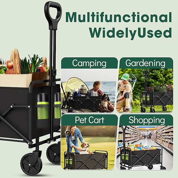 Collapsible Wagon with Wheels, 370lbs Weight Capacity Foldable Beach Wagon with Flexible Handle Portable Utility Wagon Cart for Outdoor, Grocery, Garden, Camping