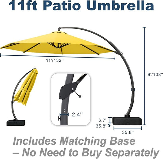 11FT Cantilever Umbrella with Base Large Curvy Outdoor Aluminum Offset Umbrella w/ 360° Rotation, UV Resistant Canopy for Patio, Garden, Backyard, Sunshine Yellow