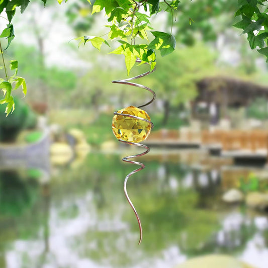 Gazing Ball Spiral Wind Spinner Tail - Golden Crystal Glass Ball | Wind Spinners Stabilizer with S Hook | Hanging Rotating Art for Garden Patio Indoor/Outdoor Creative Ornament & Gift, 13in