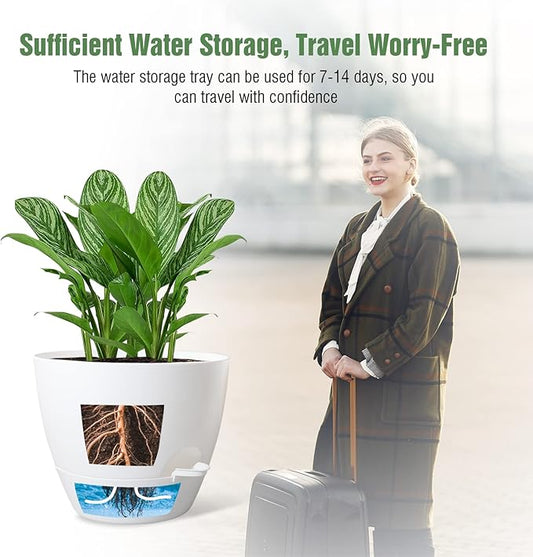 10 inch Self Watering Planters, 2 Pack Large Plastic Plant Pots with Deep Reservior and High Drainage Holes for Indoor Outdoor Plants and Flowers, White