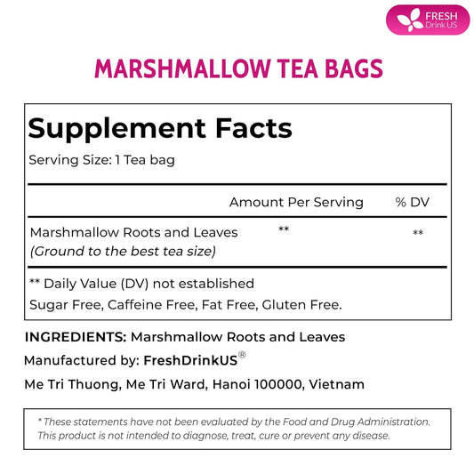 FreshDrinkUS, Premium 55 Marshmallow Root and Leaf Tea Bags, 100% Natural & Pure. Loose Leaf Marshmallow Herbal Tea. Made with Eco-Conscious Tea Bags. No Sugar, No Caffeine, No Gluten, Vegan.