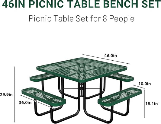46" Square Picnic Table for Outside,Heavy Duty Metal Picnic Table Bench Set with 2in Umbrella Hole, 1600 lb Capacity,Commercial Dining Table Furniture for Garden Yard Patio Party Coffee Shop