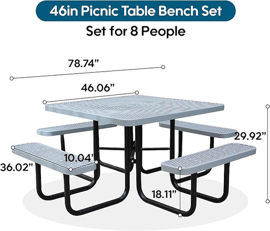 46" Square Picnic Table W/Benches,Heavy Duty Metal Picnic Table Set with 2in Umbrella Hole, 1600 lb Capacity,Commercial Dining Table Furniture for Yard Patio Lawn Party Coffee Shop
