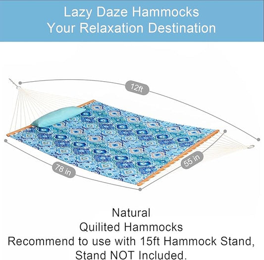 Lazy Daze Hammocks 12FT Quilted Fabric Hammock with Soft Pillow, Double 2 Person Tree Hammock with Spreader Bar for Outdoor Outside Patio Garden Yard Pool Beach, 450lbs Capacity