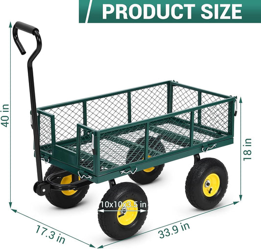 Heavy Duty Steel Garden Cart, 550LBS Pullable Metal Garden Wagon with 10" Wheels, 180° Rotating Handle and Removable Sides for Outdoor, Farm, Yard, Beach 