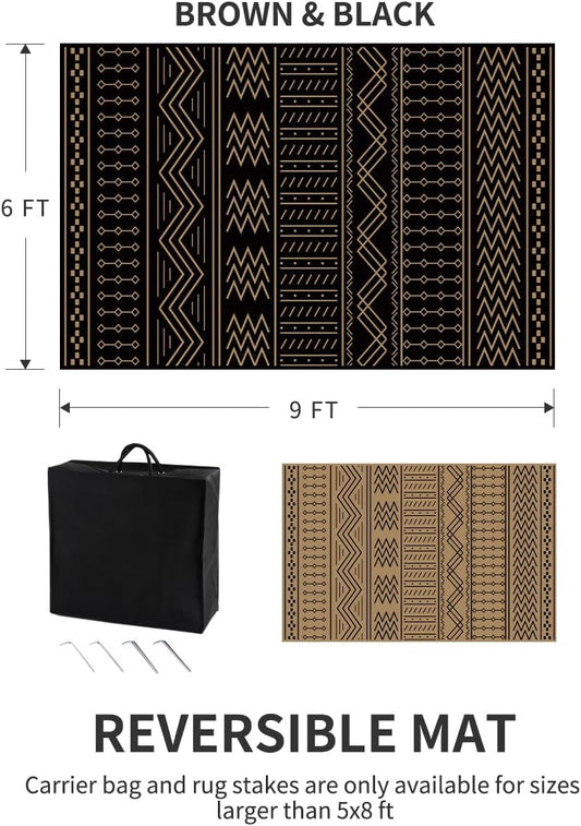 Outdoor Rug Carpet Waterproof 6x9 ft Patio Rug Mat Indoor Outdoor Area Rug for RV Camping Picnic Reversible Lightweight Plastic Straw Outside Rug for Patio Decor Decoration Boho Rug Black Brown