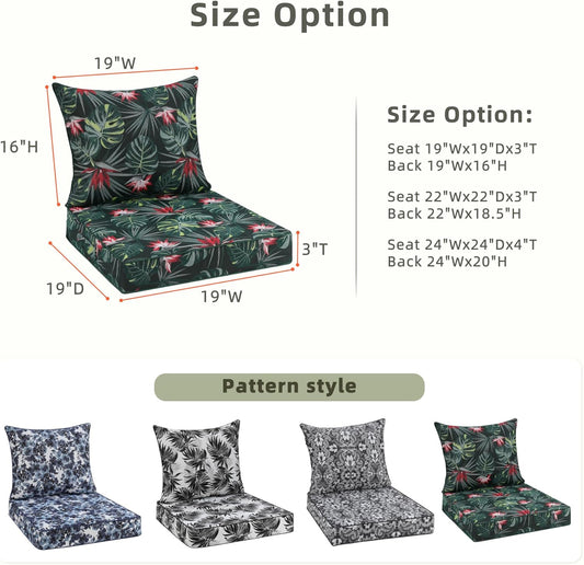 Favoyard Outdoor Seat Cushion 19 x 19 x 3 in Waterproof Pattern Fade Resistant Cover Removable Patio Furniture Cushions Deep Seat & Back Cushion Set with Adjustable Straps for Patio Chair Sofa Couch