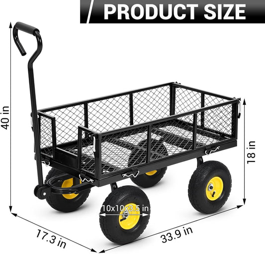 Heavy Duty Steel Garden Cart, 550LBS Pullable Metal Garden Wagon with 10" Wheels, 180° Rotating Handle and Removable Sides for Outdoor, Farm, Yard, Beach 
