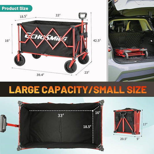 EchoSmile Collapsible Foldable Wagon Cart with 350lbs Weight Capacity, Heavy Duty Folding Utility Sport Wagon with Removeble Wheels for Camping,Grocery,Garden,Beach,Black&Red