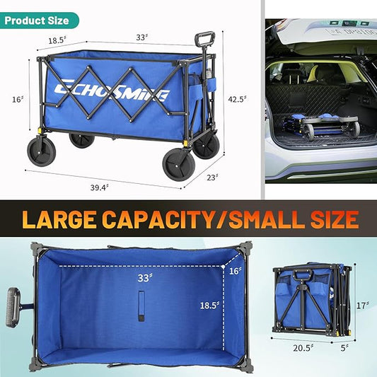 EchoSmile Collapsible Foldable Wagon Cart with 350lbs Weight Capacity, Heavy Duty Folding Utility Sport Wagon with Removeble Wheels for Camping,Grocery,Garden,Beach,Bule