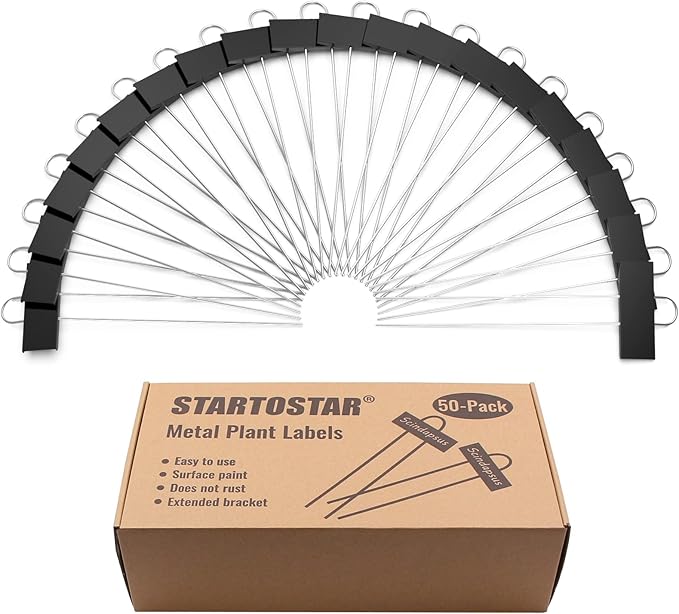 STARTOSTAR 50-Pack Metal Plant Labels Weatherproof Garden Markers,Height 10.6'', Label Area 3.5''X 1.2'' Reusable Nursery Tags for Vegetables Herb Flower Seed Greenhouse - Black