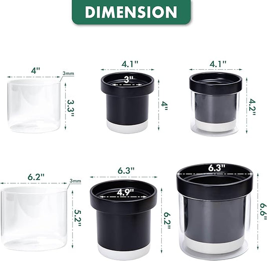 Phoenix Vine 6 Inch 4 Inch Self Watering Terracotta Planter, Black Terracotta Clay Pot with Glass Reservoir for Indoor Plants, Herbs, Flowers, 52-C-G-46