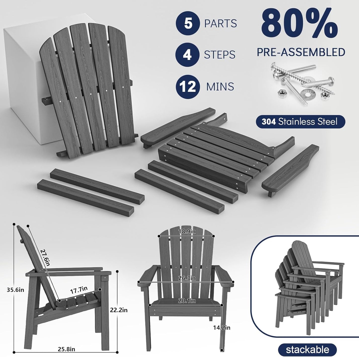 Stackable Adirondack Chair Set of 4, HDPE Outdoor Patio Chair - Durable and Space Saving, Suitable for Porches, Lawns or Garden, Grey