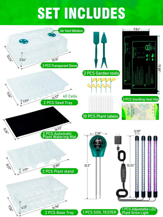 Self-Watering Seed Starter Tray with Grow Light and Heat Mat, 80-Cell Plant Starter Trays Seed Starter Kit, Seed Starter Tray for Seed Starting, Plant Germination & Seedling Growing, 2 Pack