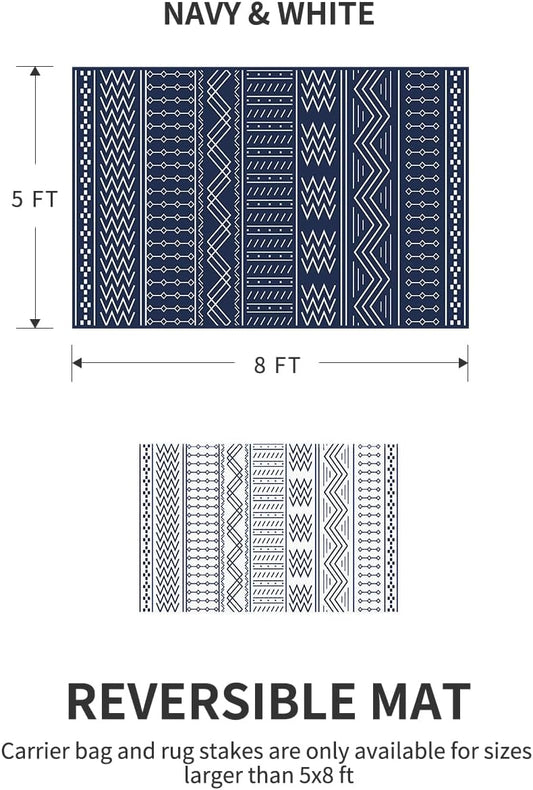 Outdoor Rug Carpet Waterproof 5x8 ft Patio Rug Mat Indoor Outdoor Area Rug for RV Camping Picnic Reversible Lightweight Plastic Straw Outside Rug for Patio Decor Decoration Boho Rug Navy Blue White