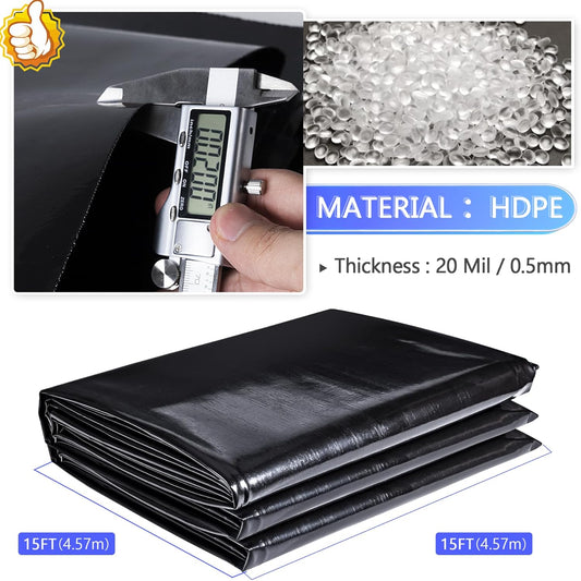 ToLanbbt Pond Liner 15 FT x 15 FT HDPE Pond Liners, 20 Mil UV Resistant Preformed Pond Liner Easy Cutting, Pond Liner for Natural Looking Ponds, Waterfall, Koi Pondsand Water Garden (Black)