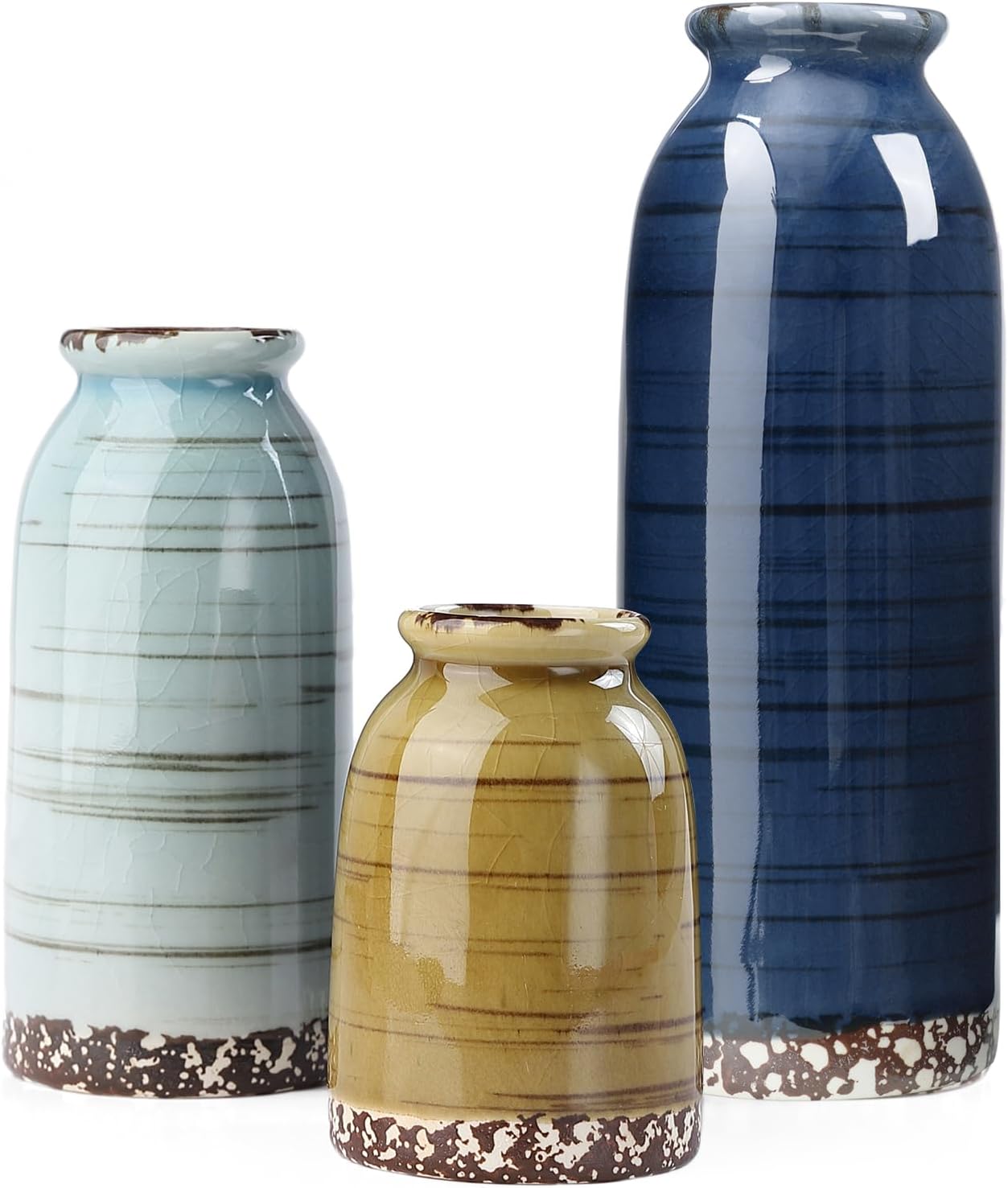 Ceramic Vase Set of 3, Farmhouse Decorative Vase for Pampas Grass, Living Room, Bathroom,Bookshelf, Centerpieces (Blue/Navy Blue/Yellow)