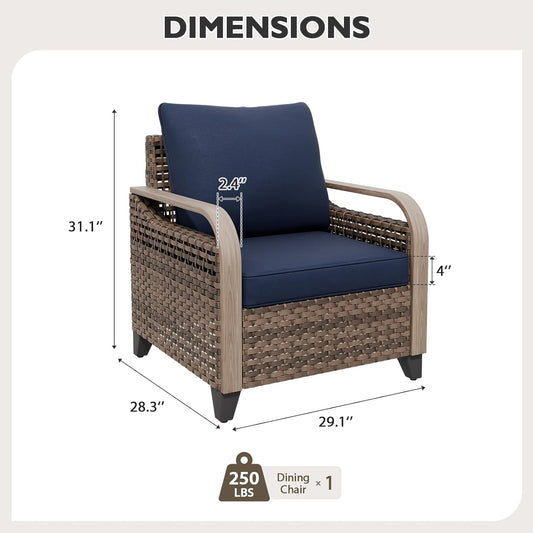 EAGLE PEAK Modern Wicker Outdoor Chair, Patio Chair Curved Armrest, Rattan Patio Furniture for Yard Deck Porch Garden, 1 Chair, Brown/Blue