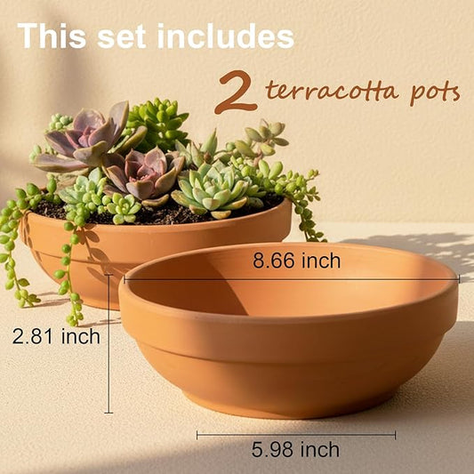 Terra Cotta Pots for Plants with Drainage Hole, 2 Pack Large Round Clay Flower Pots, 8.66" Clay Ceramic Pottery Planter Cactus Flower Pots