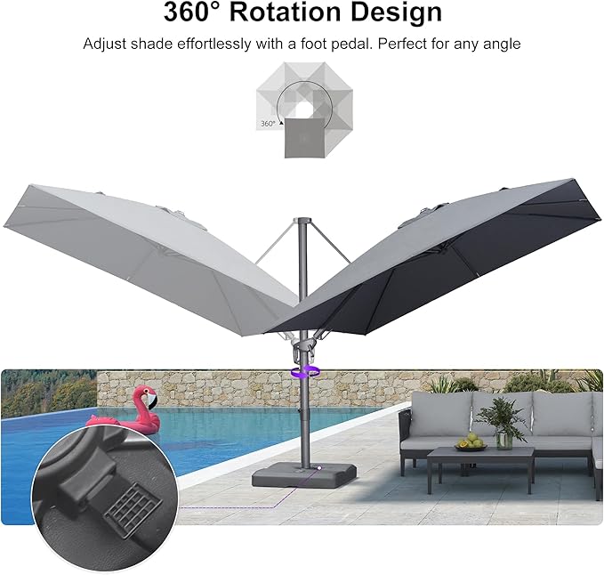 PURPLE LEAF 10' X 10' Left-right Tilting Outdoor Patio Umbrella Swivel Offset Cantilever Heavy Duty Rectangle Aluminum Umbrella with UV Resistant for Deck Pool Patio Backyard, Graphite Grey