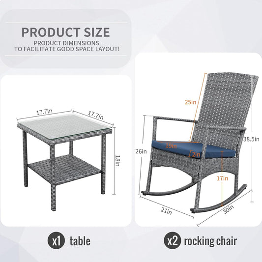 Rocking Chair Outdoor 3 Pieces High-Backed Patio Rocking Chairs Bistro Table and Chairs Set of 2, Navy Blue