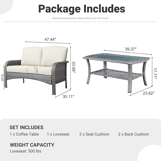 ovios 2 Pieces Patio Furniture Set, Outdoor Wicker Sofa with Glass Coffee Table, All Weather High Back Rattan Loveseat Couch 2 Seats with Comfy Cushions, Beige