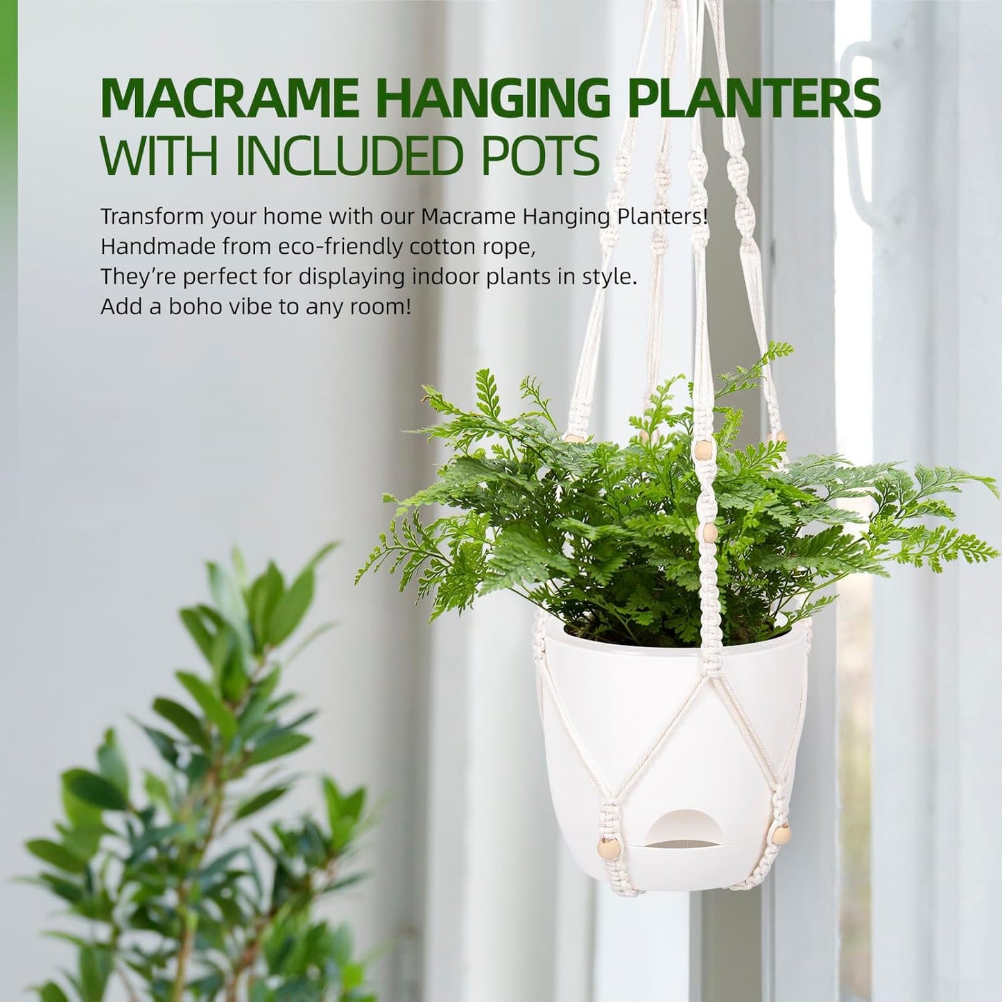 2-Pack 5.7-Inch Self-Watering Hanging Planters for Indoor & Outdoor Plants,34Inch Macrame Hanger Plant Pots Indoor with Drainage,Small Hanging Planters & Baskets,With Two Sets of Hooks(Pure white)