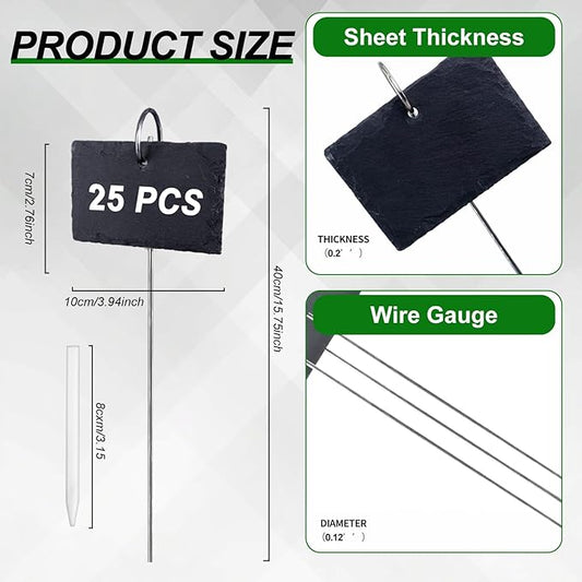 25 Pcs Plant Labels with Metal Stakes and Stone Chalks Reusable Hanging Slate Planter Markers Weatherproof Garden Tags for Seedlings Vegetable Flower Pot