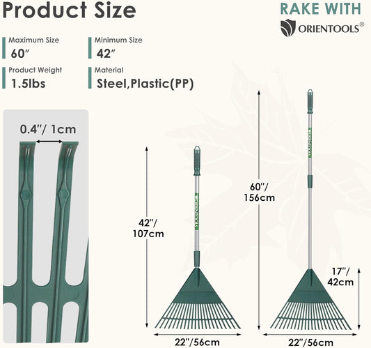 ORIENTOOLS Rake for Leaves,Adjustable Garden Leaf Rake ,Lightweight Steel Poly Yard Rake,22 Tines, 42 to 60 Inches (Silver Handle)