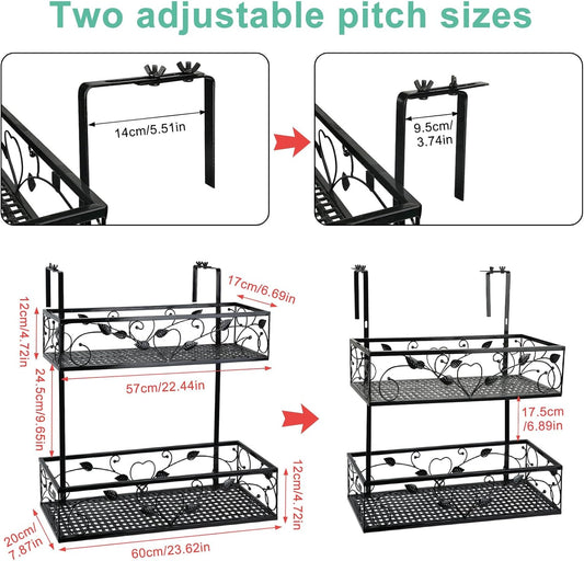 2-Tier Outdoor Flower Pot Stand Rack, Balcony Patio Railing Hanging Shelf Basket,Iron Height Adjustable Hanging Plants Container Holder with 1pc Spray Bottle for Yard Fence Garden Decor,Black