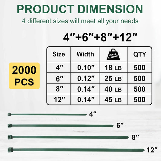 Green Zip Ties Assorted Sizes (4"+6"+8"+12"), 2000 Pack, Cable Ties UV Resistant for Garden, Plants, Fence, Holiday Lights, Yakobela