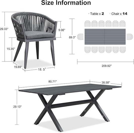 PURPLE LEAF 16 Pieces Outdoor Dining Set with Patio Aluminium Dining Table and Wicker Chairs Modern Furniture Cushions Sets for Backyard Indoor Decor Kitchen Gray